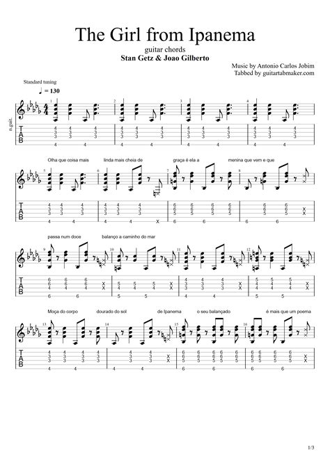 The repeated eight-bar A section is a great "I-II7-IIm7-V7" jazz progression displacement substitution. . Girl from ipanema guitar tab pdf